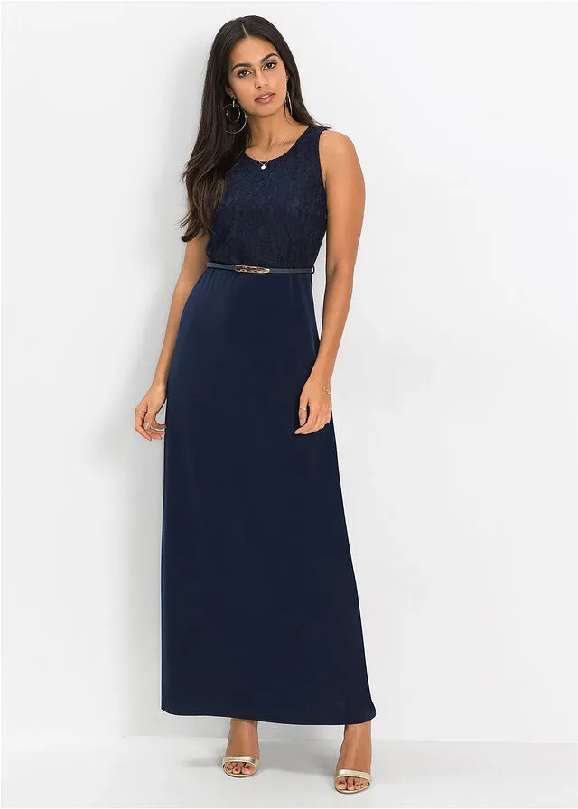 Vestido largo de noche con cinturón (conjunto de 2 unidades) Azul marino